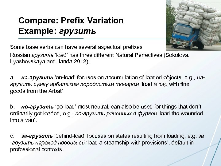 Compare: Prefix Variation Еxample: грузить Some base verbs can have several aspectual prefixes Russian