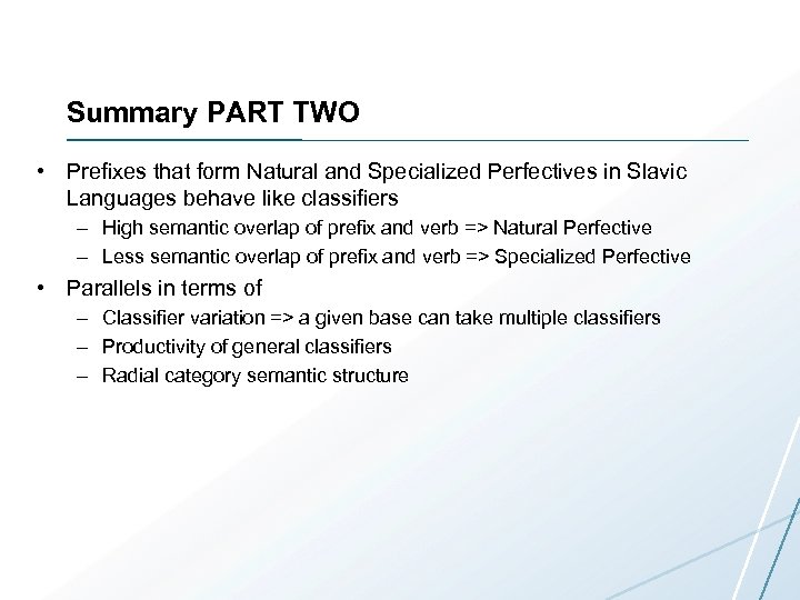 Summary PART TWO • Prefixes that form Natural and Specialized Perfectives in Slavic Languages