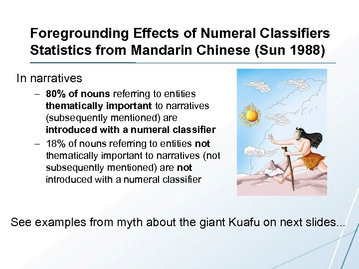 Foregrounding Effects of Numeral Classifiers Statistics from Mandarin Chinese (Sun 1988) In narratives –