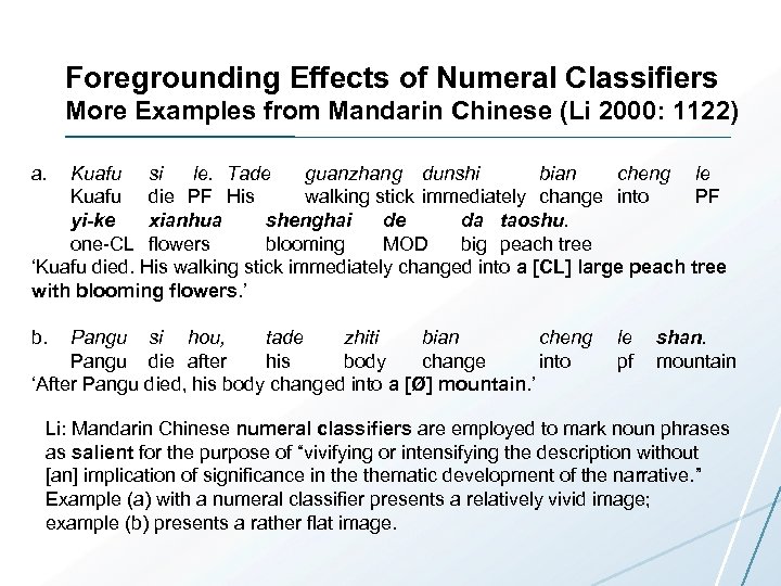 Foregrounding Effects of Numeral Classifiers More Examples from Mandarin Chinese (Li 2000: 1122) a.