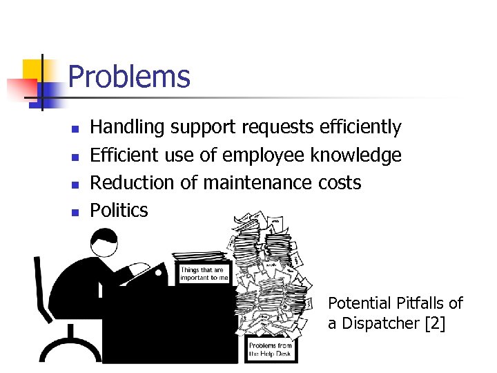 Problems n n Handling support requests efficiently Efficient use of employee knowledge Reduction of