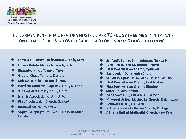 CONGREGATIONS IN FCC REGIONS HOSTED OVER 75 FCC GATHERINGS in 2013 -2015 ON BEHALF