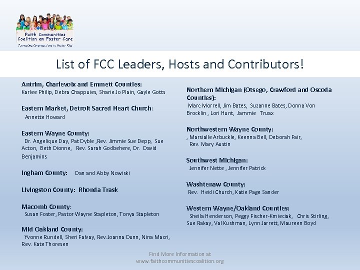 List of FCC Leaders, Hosts and Contributors! Antrim, Charlevoix and Emmett Counties: Karlee Philip,