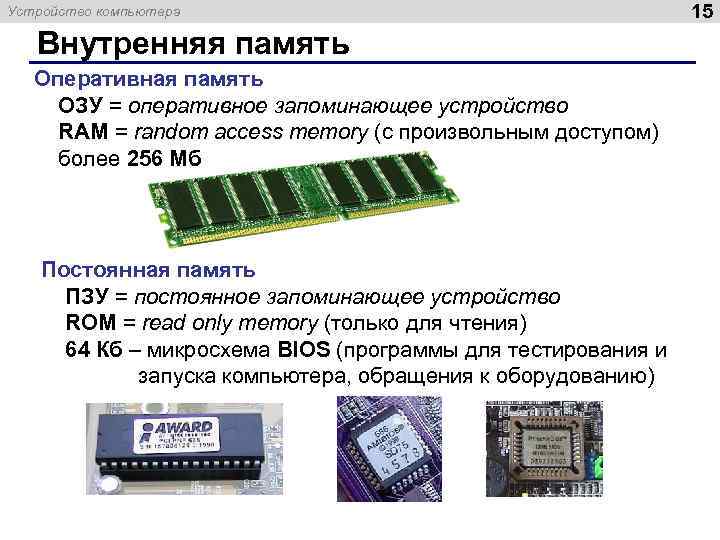 Устройство компьютера Внутренняя память Оперативная память ОЗУ = оперативное запоминающее устройство RAM = random