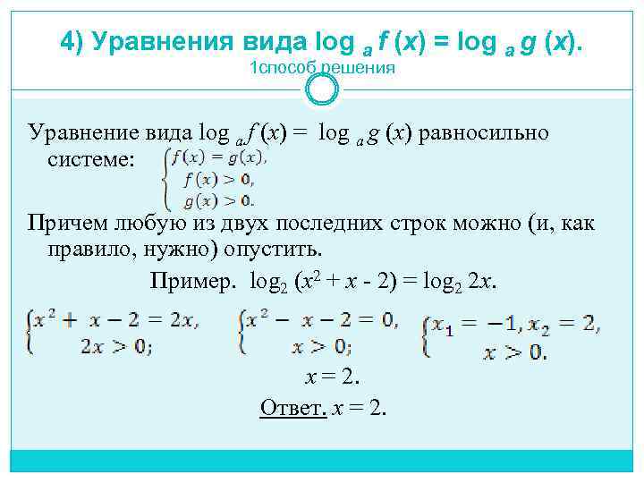 4) Уравнения вида log a f (x) = log a g (x). 1 способ