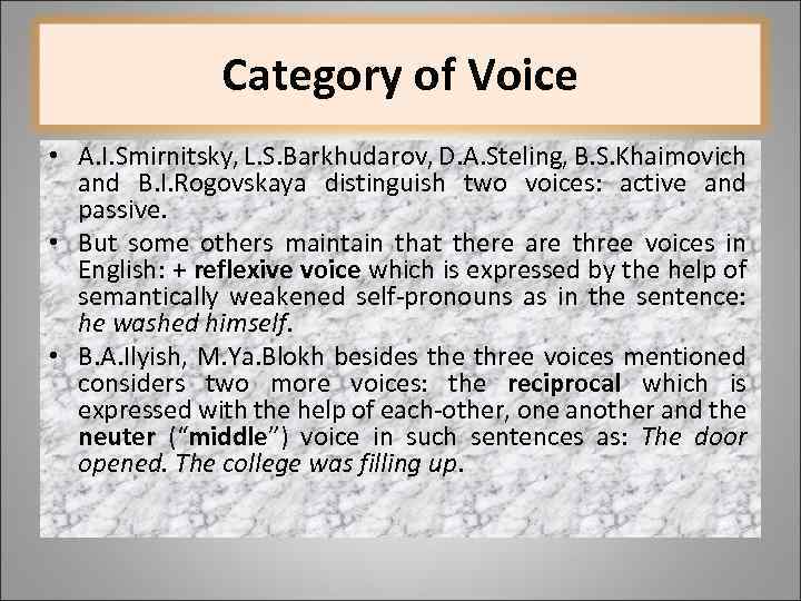 Category of Voice • A. I. Smirnitsky, L. S. Barkhudarov, D. A. Steling, B.