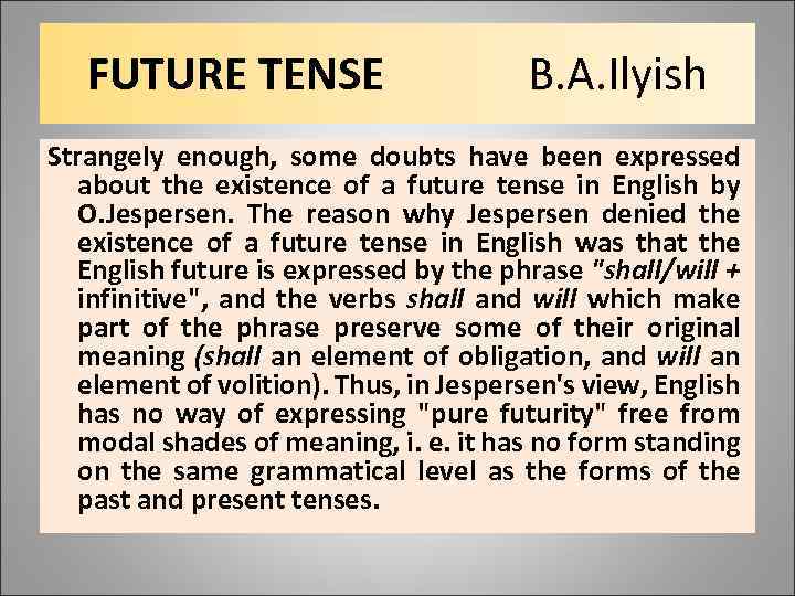 FUTURE TENSE B. A. Ilyish Strangely enough, some doubts have been expressed about the