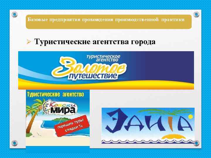 Базовые предприятия прохождения производственной практики Ø Туристические агентства города 