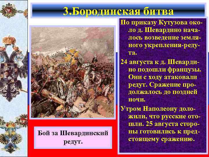 3. Бородинская битва Бой за Шевардинский редут. По приказу Кутузова около д. Шевардино началось
