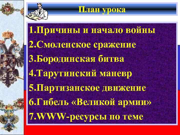 План урока 1. Причины и начало войны 2. Смоленское сражение 3. Бородинская битва 4.