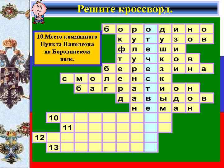 Решите кроссворд. 10. Место командного Пункта Наполеона на Бородинском поле. 