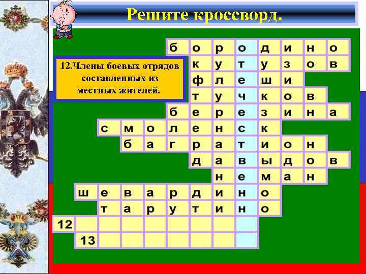 Решите кроссворд. 12. Члены боевых отрядов составленных из местных жителей. 