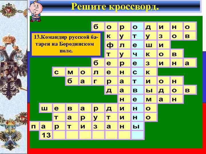 Решите кроссворд. 13. Командир русской батареи на Бородинском поле. 