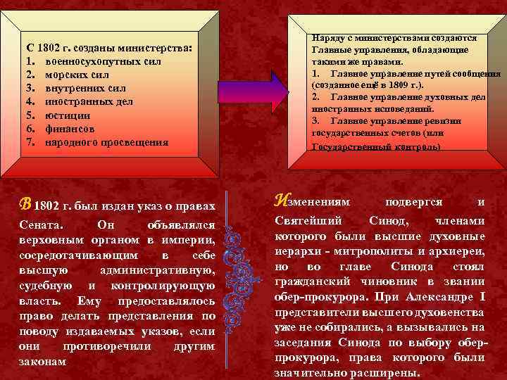 С 1802 г. созданы министерства: 1. военносухопутных сил 2. морских сил 3. внутренних сил