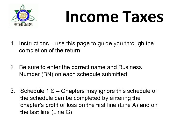 Income Taxes 1. Instructions – use this page to guide you through the completion