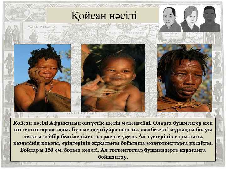 Қойсан нәсілі Африканың оңтүстік шетін мекендейді. Оларға бушмендер мен готтентоттар жатады. Бушмендер бұйра шашты,
