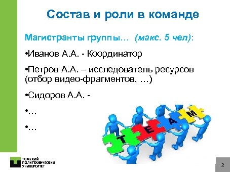 Состав и роли в команде Магистранты группы… (макс. 5 чел): • Иванов А. А.