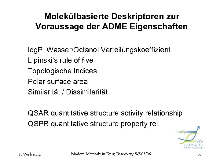 Molekülbasierte Deskriptoren zur Voraussage der ADME Eigenschaften log. P Wasser/Octanol Verteilungskoeffizient Lipinski‘s rule of