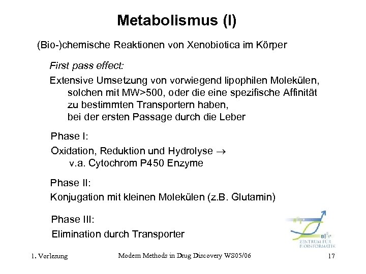Metabolismus (I) (Bio-)chemische Reaktionen von Xenobiotica im Körper First pass effect: Extensive Umsetzung von