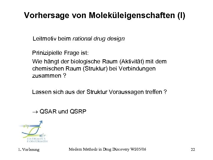 Vorhersage von Moleküleigenschaften (I) Leitmotiv beim rational drug design Prinizipielle Frage ist: Wie hängt
