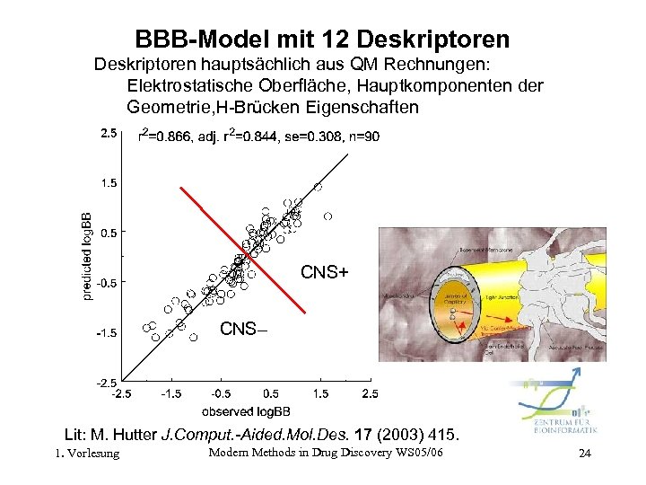 BBB-Model mit 12 Deskriptoren hauptsächlich aus QM Rechnungen: Elektrostatische Oberfläche, Hauptkomponenten der Geometrie, H-Brücken