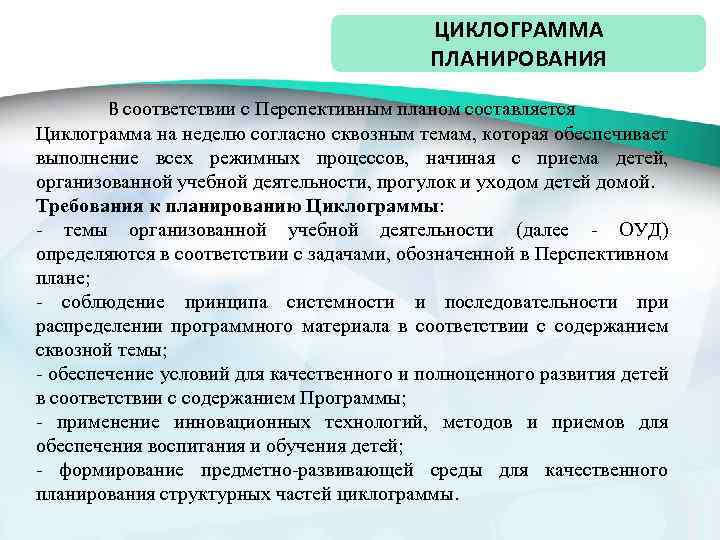 ЦИКЛОГРАММА ПЛАНИРОВАНИЯ В соответствии с Перспективным планом составляется Циклограмма на неделю согласно сквозным темам,