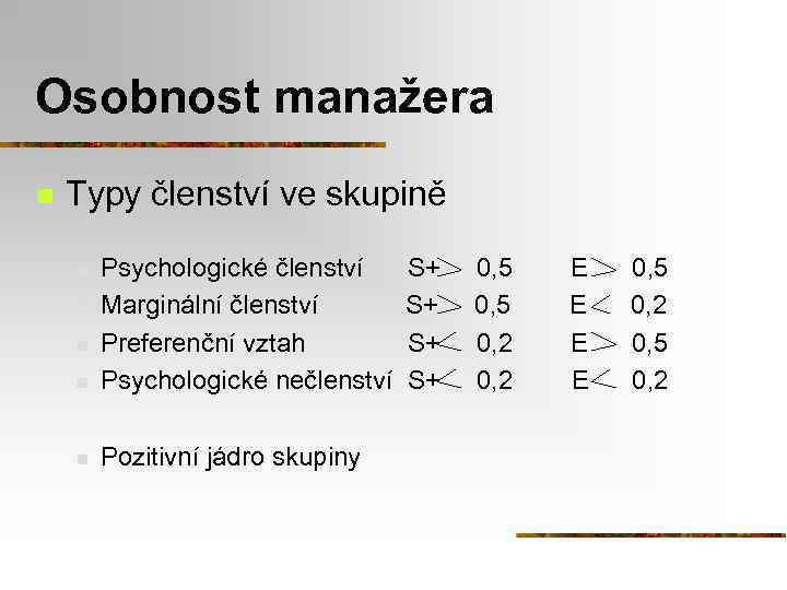 Osobnost manažera n Typy členství ve skupině n Psychologické členství Marginální členství Preferenční vztah