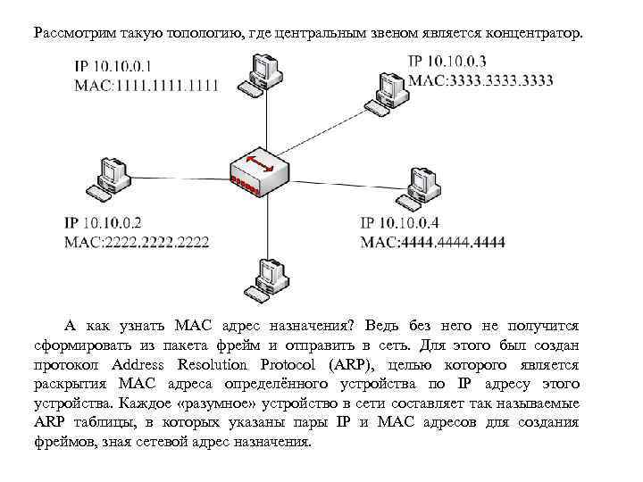 Рассмотрим такую топологию, где центральным звеном является концентратор. А как узнать MAC адрес назначения?