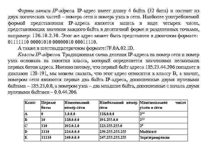 Формы записи IP-адреса. IP адрес имеет длину 4 байта (32 бита) и состоит из