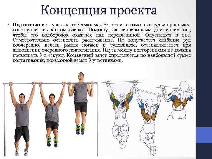 Концепция проекта • Подтягивание – участвуют 3 человека. Участник с помощью судьи принимает положение