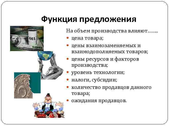 Функция предложения На объем производства влияют……. . цена товара; цены взаимозаменяемых и взаимодополняемых товаров;