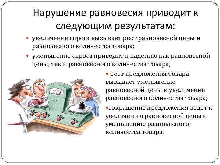 Нарушение равновесия приводит к следующим результатам: увеличение спроса вызывает рост равновесной цены и равновесного
