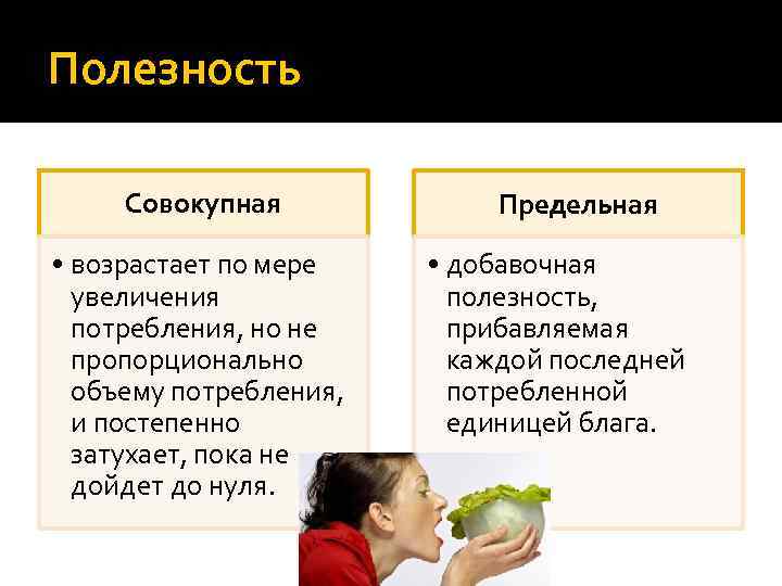 Полезность Совокупная • возрастает по мере увеличения потребления, но не пропорционально объему потребления, и