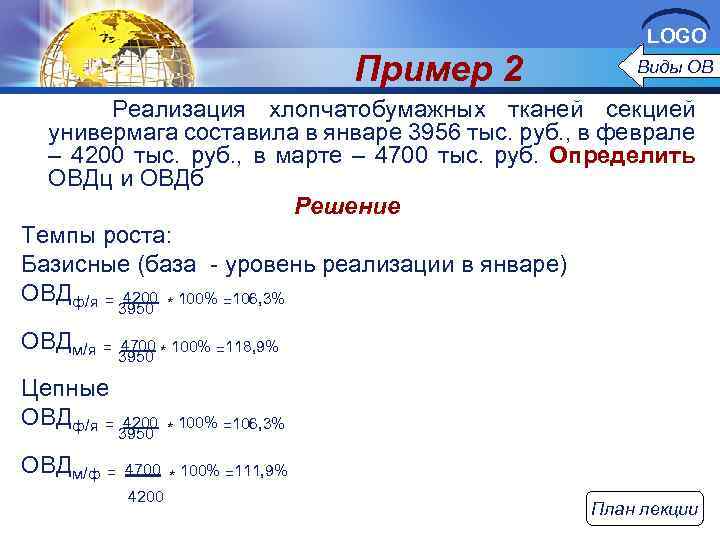 LOGO Пример 2 Виды ОВ Реализация хлопчатобумажных тканей секцией универмага составила в январе 3956