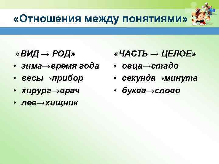  «Отношения между понятиями» «ВИД → РОД» • зима→время года • весы→прибор • хирург→врач