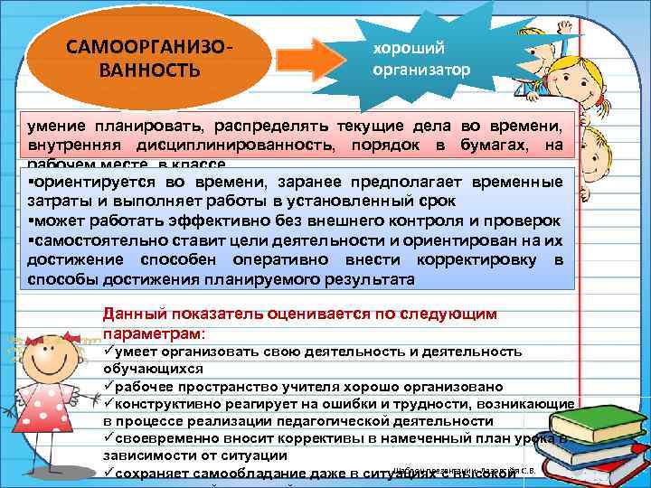 САМООРГАНИЗО ВАННОСТЬ хороший организатор умение планировать, распределять текущие дела во времени, внутренняя дисциплинированность, порядок