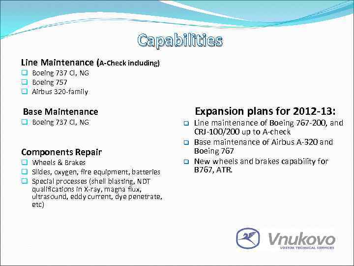 Capabilities Line Maintenance (A-Check including) q Boeing 737 Cl, NG q Boeing 757 q