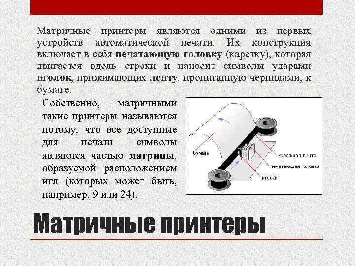 Матричные принтеры являются одними из первых устройств автоматической печати. Их конструкция включает в себя