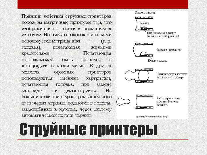 Принцип действия струйных принтеров похож на матричные принтеры тем, что изображение на носителе формируется