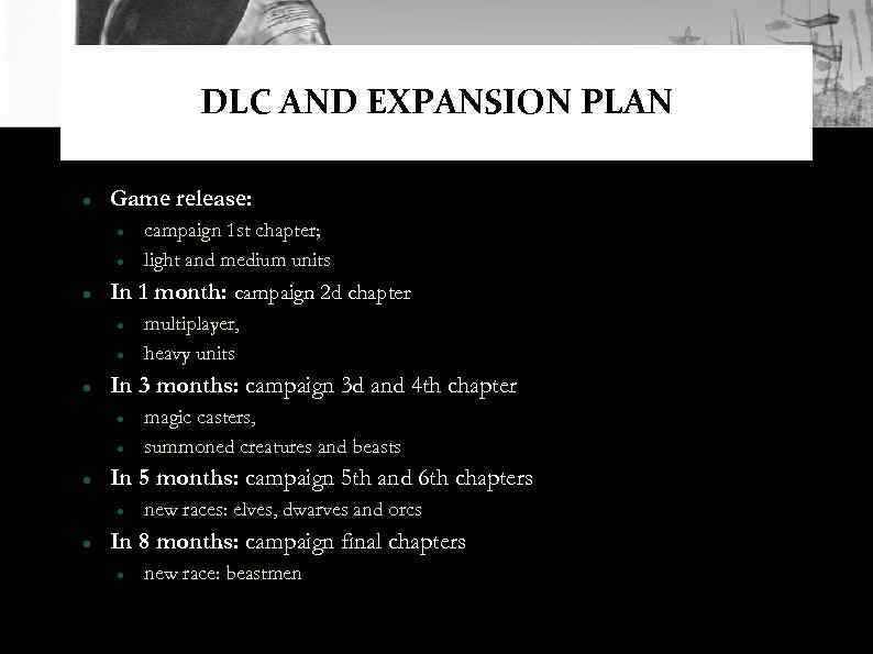 DLC AND EXPANSION PLAN Game release: In 1 month: campaign 2 d chapter magic