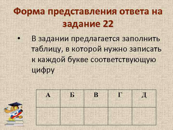 Форма представления ответа на задание 22 • В задании предлагается заполнить таблицу, в которой
