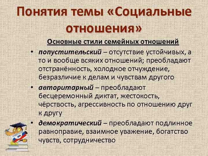 Понятия темы «Социальные отношения» Основные стили семейных отношений • попустительский – отсутствие устойчивых, а