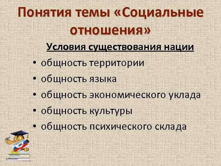 Понятия темы «Социальные отношения» • • • Условия существования нации общность территории общность языка