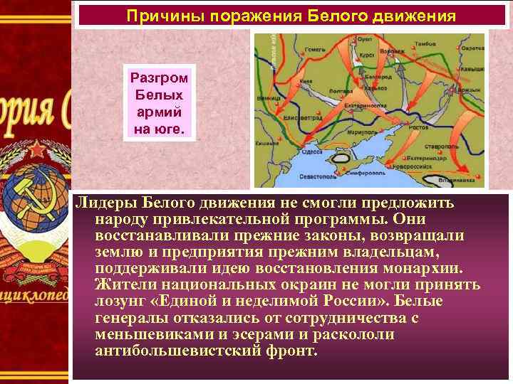Причины поражения Белого движения Разгром Белых армий на юге. Лидеры Белого движения не смогли