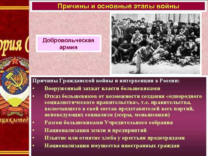Причины и основные этапы войны Добровольческая армия Причины Гражданской войны и интервенции в России: