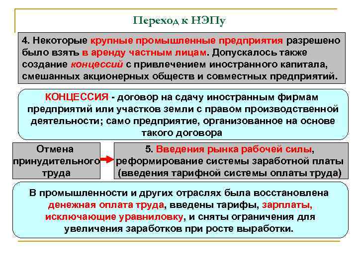 Переход к НЭПу 4. Некоторые крупные промышленные предприятия разрешено было взять в аренду частным