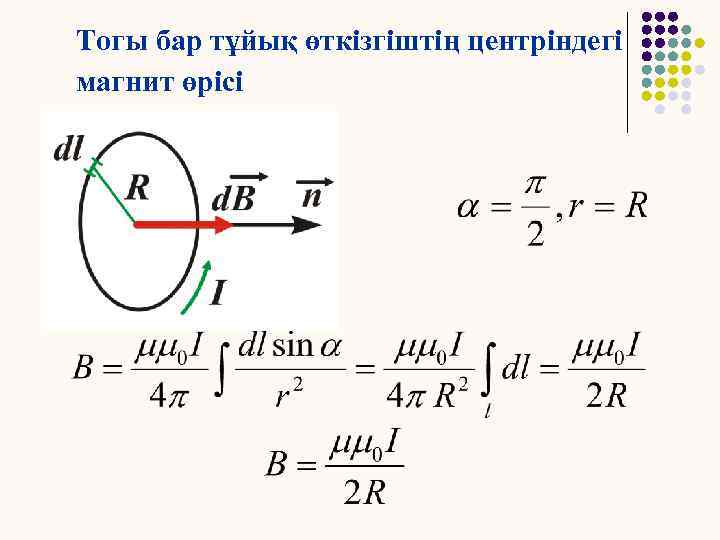 Тогы бар тұйық өткізгіштің центріндегі магнит өрісі 