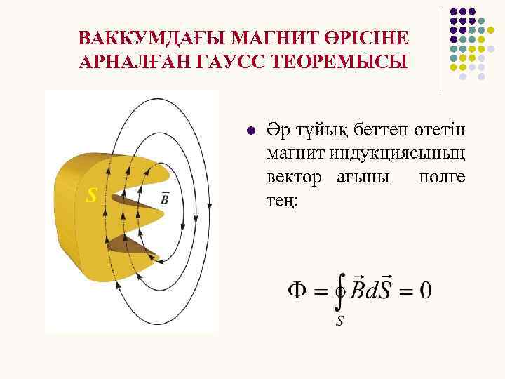 ВАККУМДАҒЫ МАГНИТ ӨРІСІНЕ АРНАЛҒАН ГАУСС ТЕОРЕМЫСЫ l Әр тұйық беттен өтетін магнит индукциясының вектор
