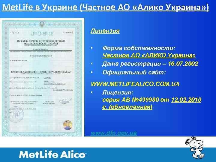 Met. Life в Украине (Частное АО «Алико Украина» ) Лицензия • • • Форма