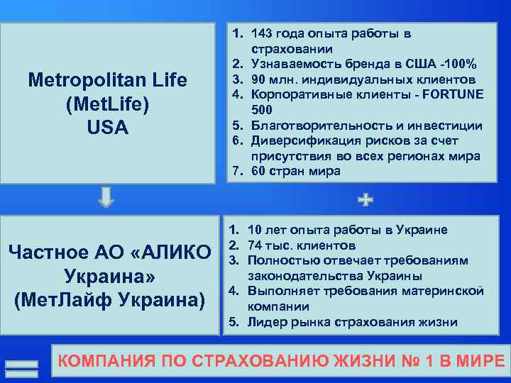 Metropolitan Life (Met. Life) USA 1. 143 года опыта работы в страховании 2. Узнаваемость